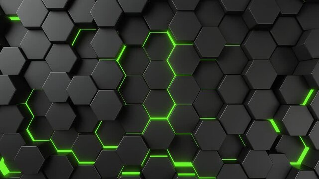 Black hexagonal tiles in honeycomb pattern with glowing green light between raised sections.