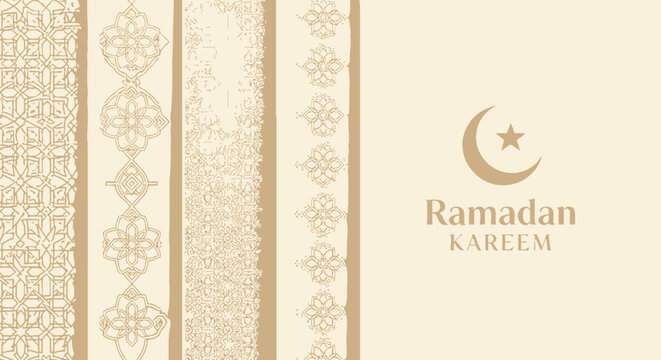 A light beige background with intricate Islamic patterns and a crescent moon and star icon, celebrating Ramadan Kareem.