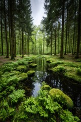 Fototapeta premium Woodland stream reflecting green forest with moss and ferns