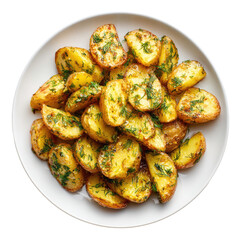 Golden roasted potatoes, seasoned with herbs, piled on a white plate, top view