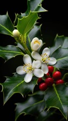 Close-up of Holly Plant with White Flowers and Red Berries on Dark Background.