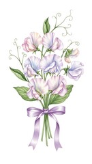 Watercolor Sweet Pea Flower Bouquet with Purple Ribbon.