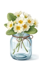 Beautiful Primrose Flowers in a Glass Jar Watercolor Illustration.