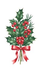 Watercolor Holly and Berries Christmas Bouquet with Red Ribbon.