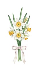 Watercolor Daffodil Bouquet with Ribbon Illustration.