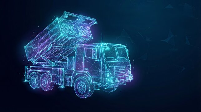 Futuristic Digital Wireframe of Rocket Artillery Launch System with Glowing Blue Poly Mesh