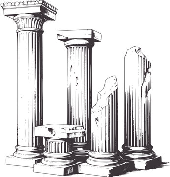 Pencil of ancient Greek architectural columns in ruins architecture