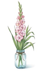 Watercolor painting of a single pink gladiolus flower in a clear glass jar, isolated on white background.