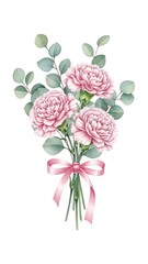 Watercolor Pink Peony Bouquet with Eucalyptus Leaves and Ribbon.