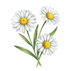 Watercolor illustration of three delicate white daisies with yellow centers and green stems, isolated on a white background.
