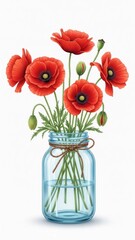 Vibrant Red Poppies in a Clear Blue Mason Jar on White Background.