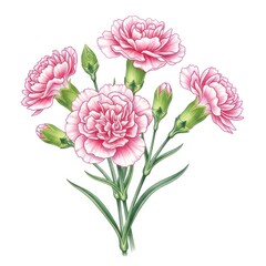 Vibrant Pink Carnation Bouquet Hand-Drawn Illustration on White Background.