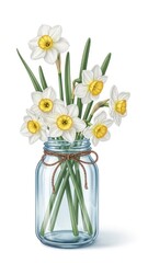 Watercolor Painting of Fresh White Daffodils in a Clear Glass Mason Jar with Twine.