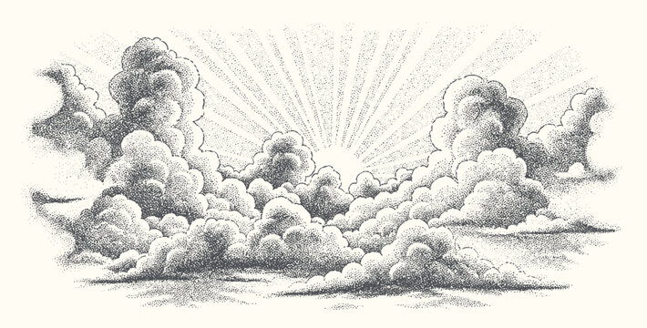 An abstract stipple dotwork illustration depicting artistic clouds with a smooth gradation effect, designed for creative projects, graphic design resources, modern artwork, decorative backgrounds