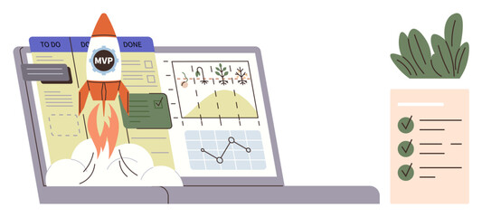 Business innovation, entrepreneurship, project planning, workflow management, performance analytics, productivity tools. Rocket launching from a laptop displaying task boards and charts. Business