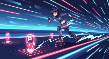 Woman inline skating in futuristic neon lit environment