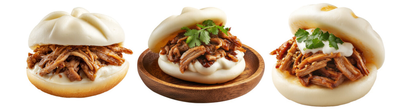 Set of Polynesian steamed bao bun filled with shredded pork, creamy sauce, and cilantro, on white background, Polynesian Snacks