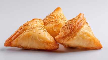 Samsa pastry food background with traditional baked meat pies. Authentic Central Asian cuisine scene for restaurant menus, food advertising and culinary design.