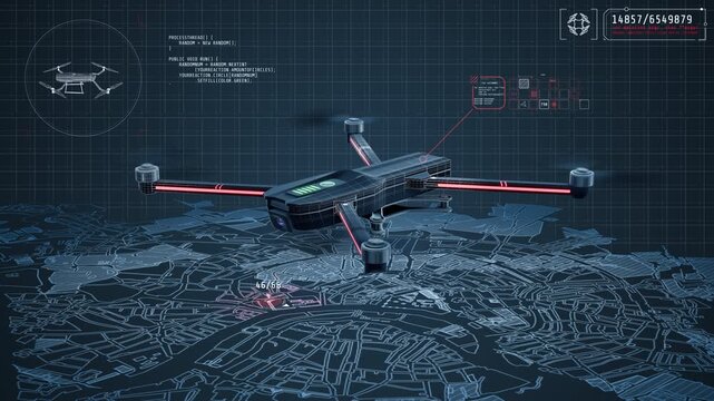 Drone monitoring city map with digital data overlay