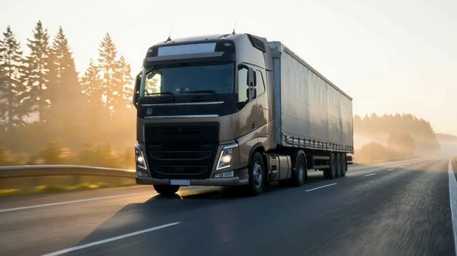 Long haul semi truck driving on intercity highway in rural region at sunset sun shines. Agricultural green crop fields and hills in background. Stage of delivery and logistics goods, aerial motion