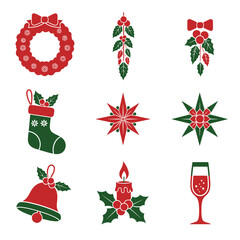 Obraz premium A professional duotone graphic icon set featuring seven classic Christmas decorations like a wreath, stocking, and floral star rendered in bold Ruby Red and Forest Green shapes