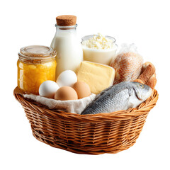 Wicker basket overflowing with dairy, eggs, fish, bread, and preserves