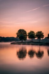 Obraz premium Serene morning mist rising over lake reflecting trees