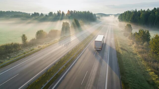 Long haul semi truck driving on intercity highway in rural region at sunset sun shines. Agricultural green crop fields and hills in background. Stage of delivery and logistics goods, aerial motion