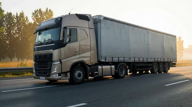 Long haul semi truck driving on intercity highway in rural region at sunset sun shines. Agricultural green crop fields and hills in background. Stage of delivery and logistics goods, aerial motion