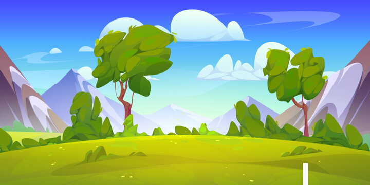 Mountain Valley Landscape with Green Meadow, Trees, and Blue Sky Illustration