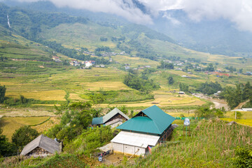 Obraz premium Cluster of rural houses with green roofs nestled on a hillside overlooking expansive terraced rice fields and a winding river in the Sapa region of Vietnam. Misty mountains and low clouds create a