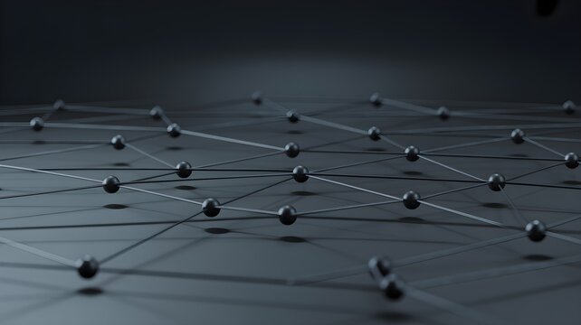 Spherical node connected by line link on dark grid representing mesh network concept and decentralized wireless communication.