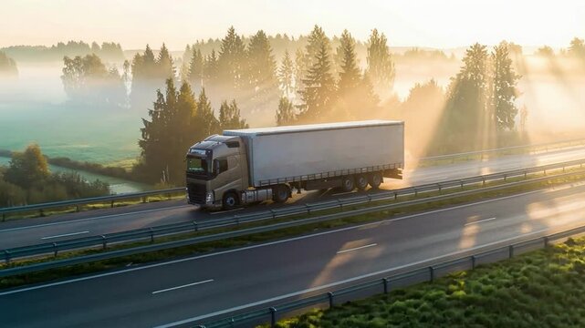 Long haul semi truck driving on intercity highway in rural region at sunset sun shines. Agricultural green crop fields and hills in background. Stage of delivery and logistics goods, aerial motion