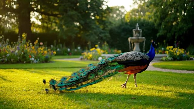 Graceful male peacock strolling through the green garden with vibrant tail feathers trailing on sunny summer day