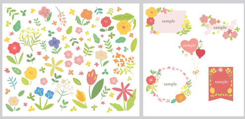 手描きの春のフラワー素材　イラスト素材とフレーム素材セット