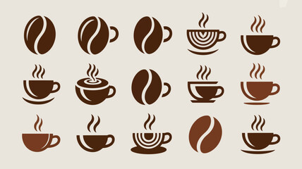 Obraz premium A collection of dark brown coffee bean and cup icons is displayed against a light beige background illustrating the coffee experience high quality professional detailed modern