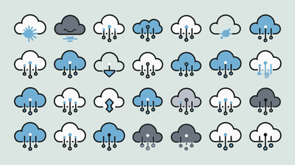 Obraz premium A collection of various weather icons is displayed against a pale blue backdrop showcasing different cloud formations and precipitation high quality professional detailed modern elegant stylish