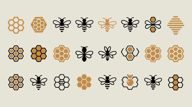 A repeating pattern showcases stylized honeycombs and bee illustrations in shades of gold and black arranged in neat rows high quality professional detailed modern elegant stylish