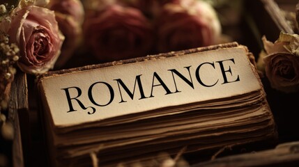 Romance sign in table with Valentine theme and flowers 