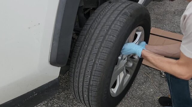 Man mounting car wheel onto wheel hub