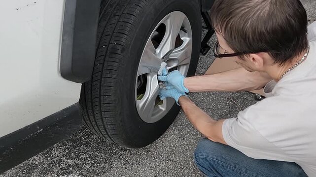 Man securing car wheel on axle with special nut