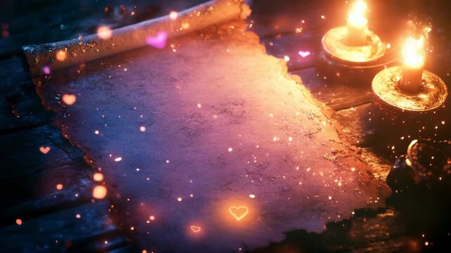 Romantic parchment scroll with candlelight and glowing heart particles on wooden table in magical atmosphere