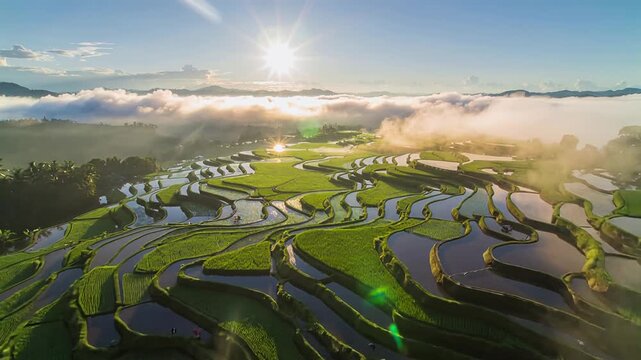Timelapse. Aerial video in an amazing landscape rice field on Jatiluwih Rice Terraces, Bali, Indonesia, with a drone, above rice terraces in a beautiful day rice field. 4K footage.