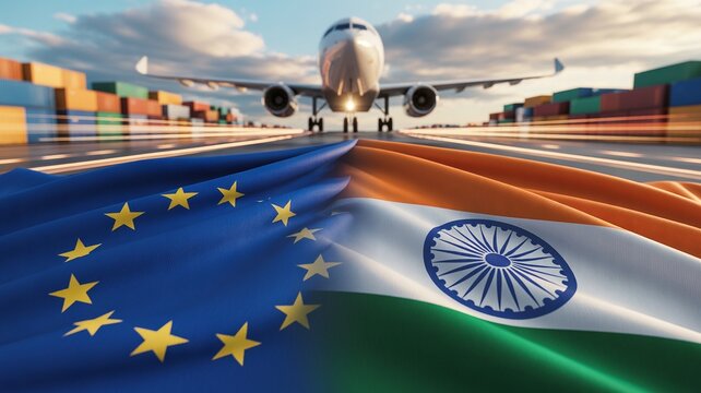 EU India Cargo Airplane and Trade Flags on Runway