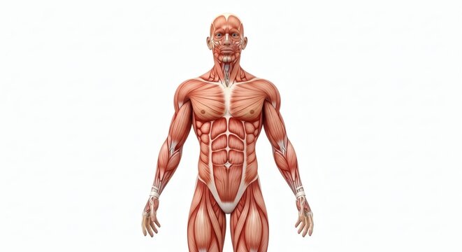 Detailed anatomical illustration of the muscular system of a human body, highlighting the complex network of muscles and their structure