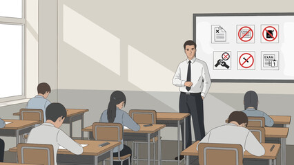 Fototapeta premium Teacher standing in front of students in a classroom setting.