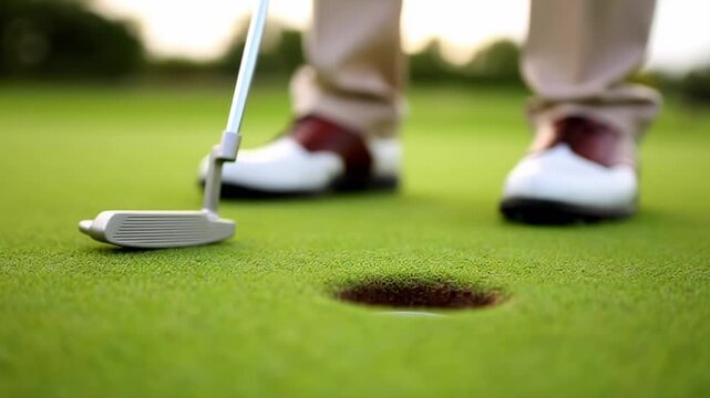 Low angle view of a professional golfer using a putter to sink a ball into the hole on a manicured green, capturing the final moment of a successful shot during a tournament or practice session