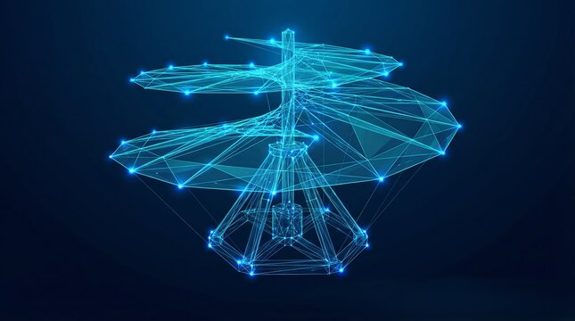 Futuristic Digital Wireframe of Leonardo da Vinci Aerial Screw Machine with Glowing Blue Poly Mesh - Innovation Concept