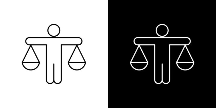 Symbolic graphic icon illustration of a person acting as a balance scale, representing the core values of justice, fairness, and equilibrium in law, decision, and rights