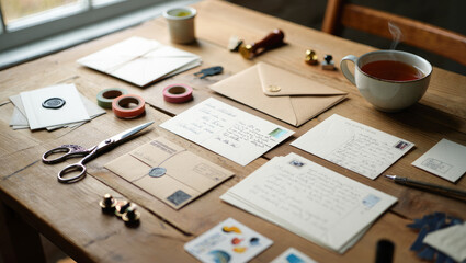 Elegant stationery and writing tools on wooden desk, personal letters, pen pal, snail mail, letter writing, wax seal, vintage stamps, handwritten note, envelope art, analog hobby, slow communication